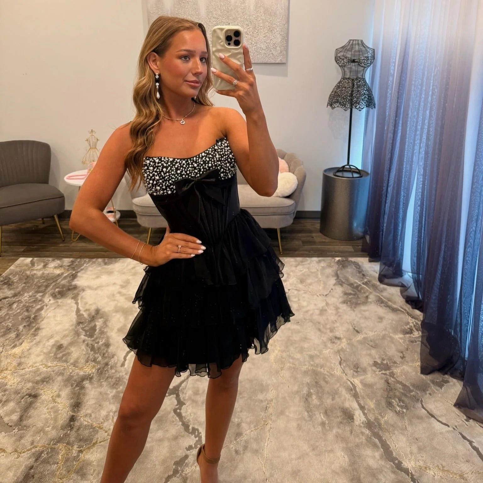 Strapless Pearl Beading Boned Corset Satin Bow Lace-Up Back Three-Tier Ruffle Chiffon A-Line Homecoming Dress Mini