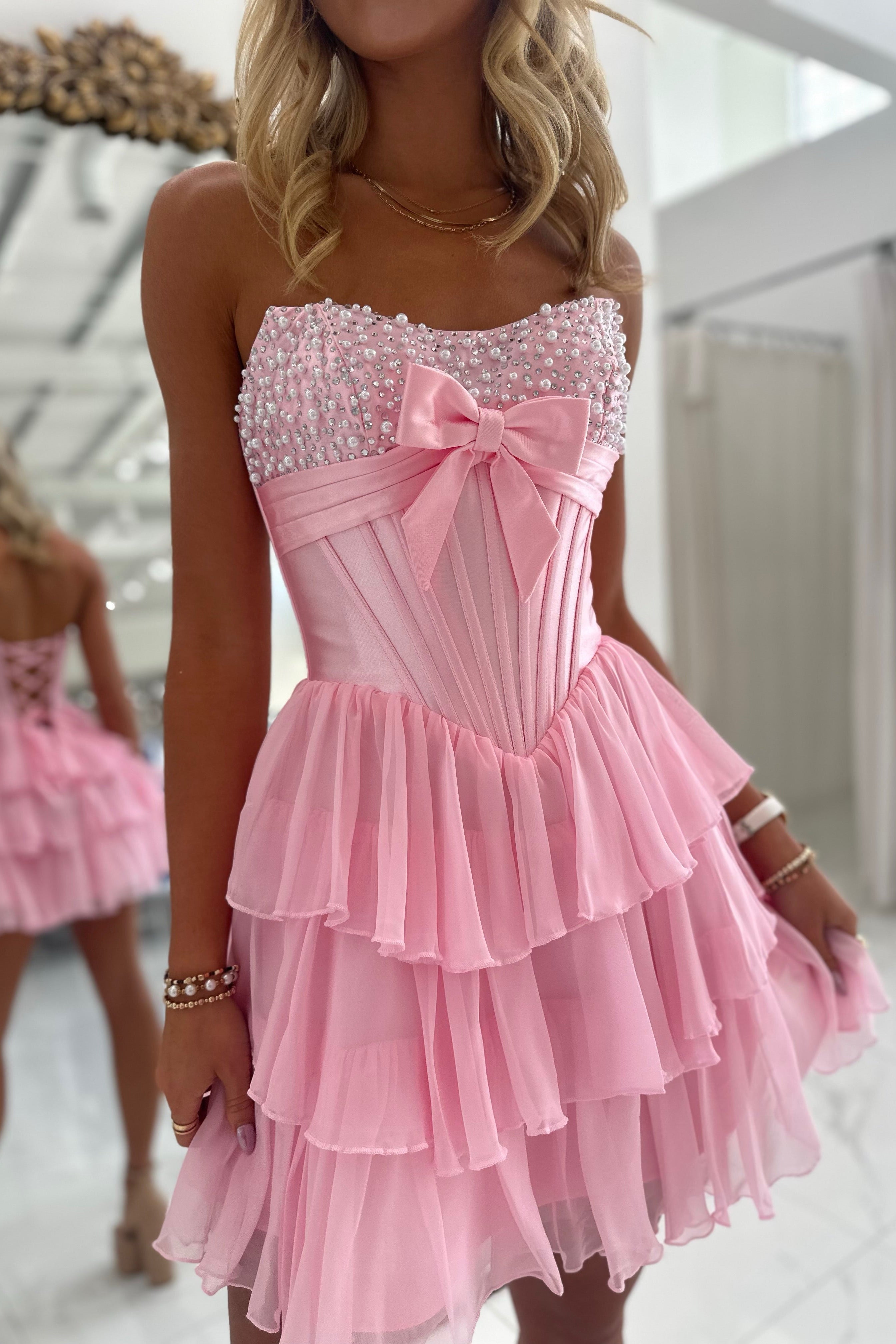 Strapless Pearl Beading Boned Corset Satin Bow Lace-Up Back Three-Tier Ruffle Chiffon A-Line Homecoming Dress Mini