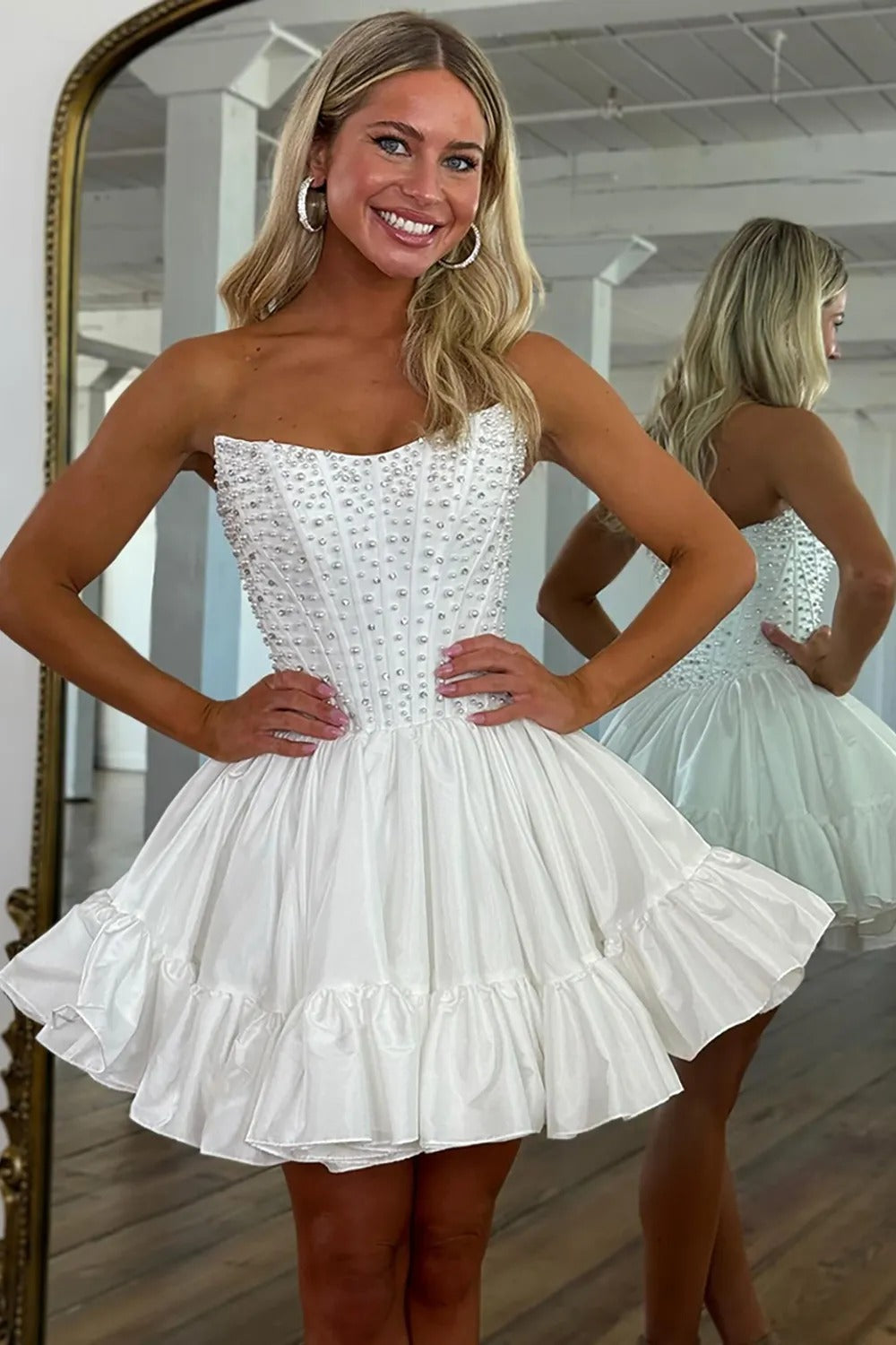 Strapless Pearl Beading Boned Corset Tiered Ruffle A-Line Homecoming Dress Mini