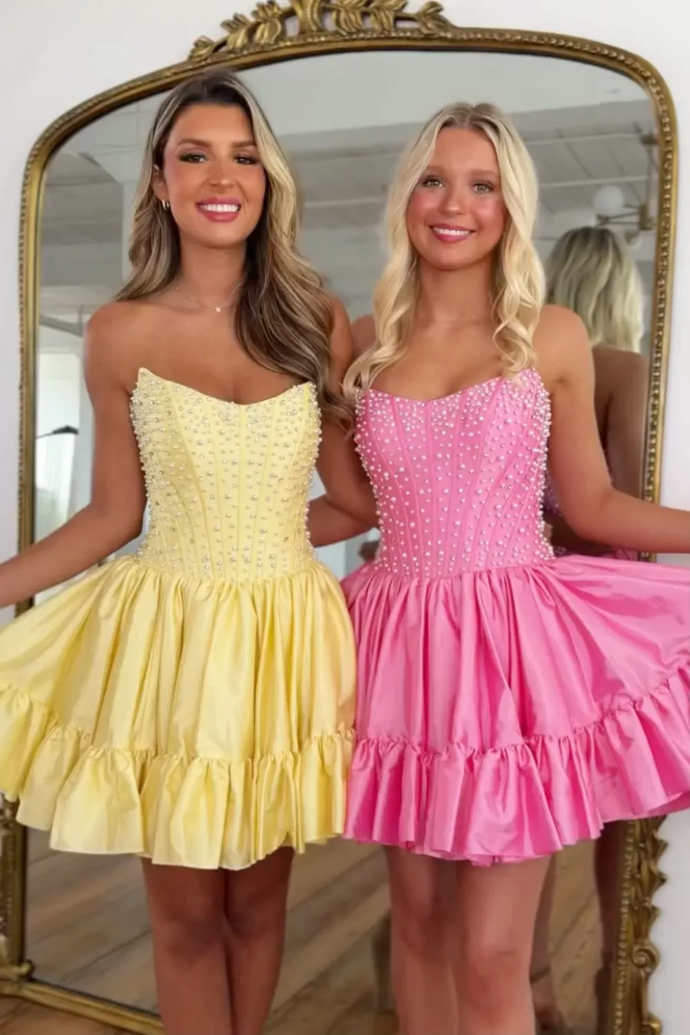 Strapless Pearl Beading Boned Corset Tiered Ruffle A-Line Homecoming Dress Mini