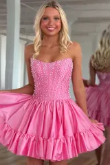Strapless Pearl Beading Boned Corset Tiered Ruffle A-Line Homecoming Dress Mini