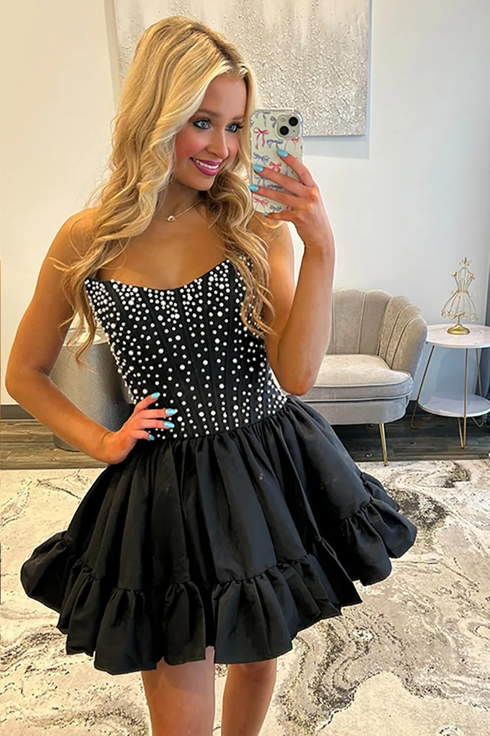 Strapless Pearl Beading Boned Corset Tiered Ruffle A-Line Homecoming Dress Mini
