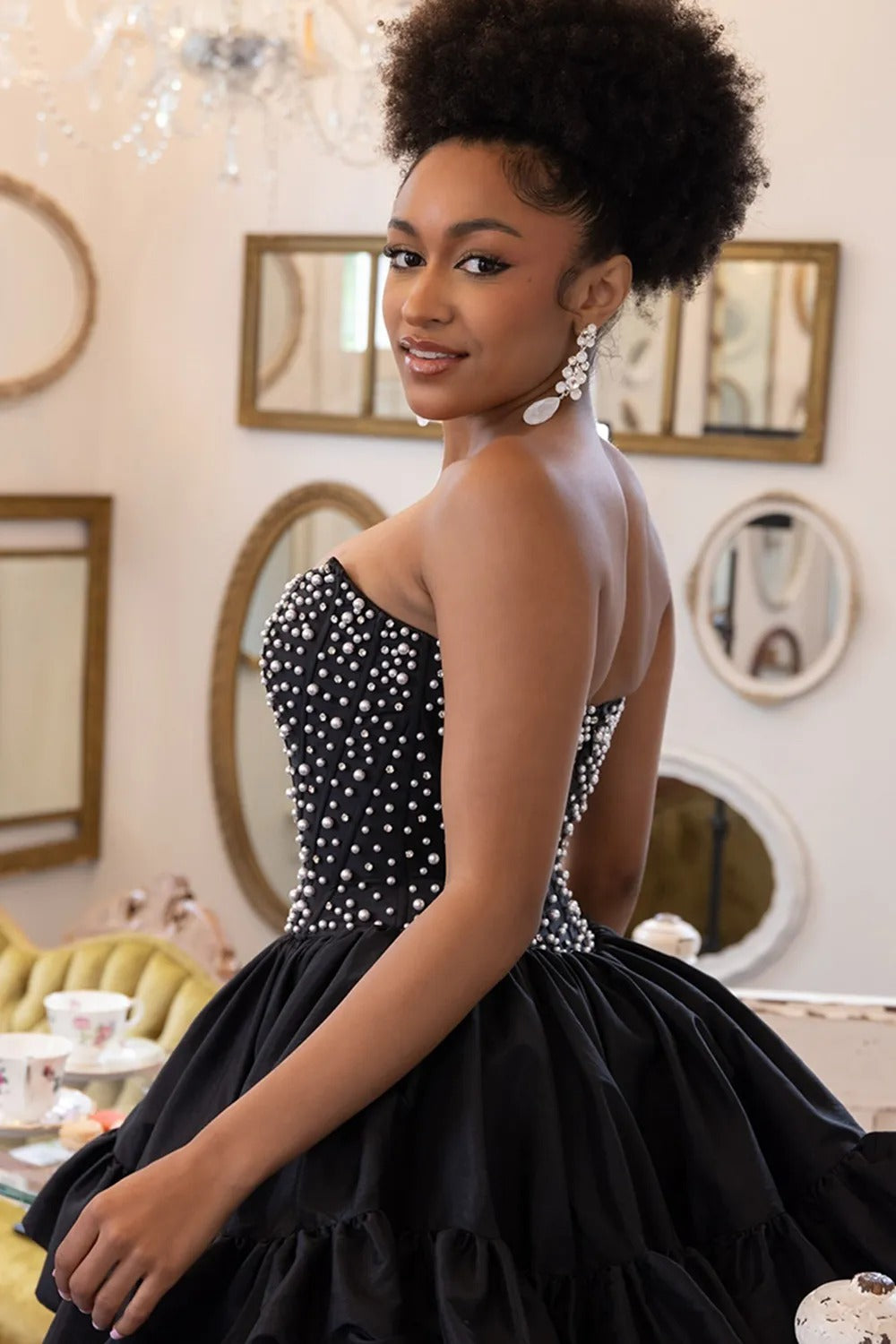 Strapless Pearl Beading Boned Corset Tiered Ruffle A-Line Homecoming Dress Mini