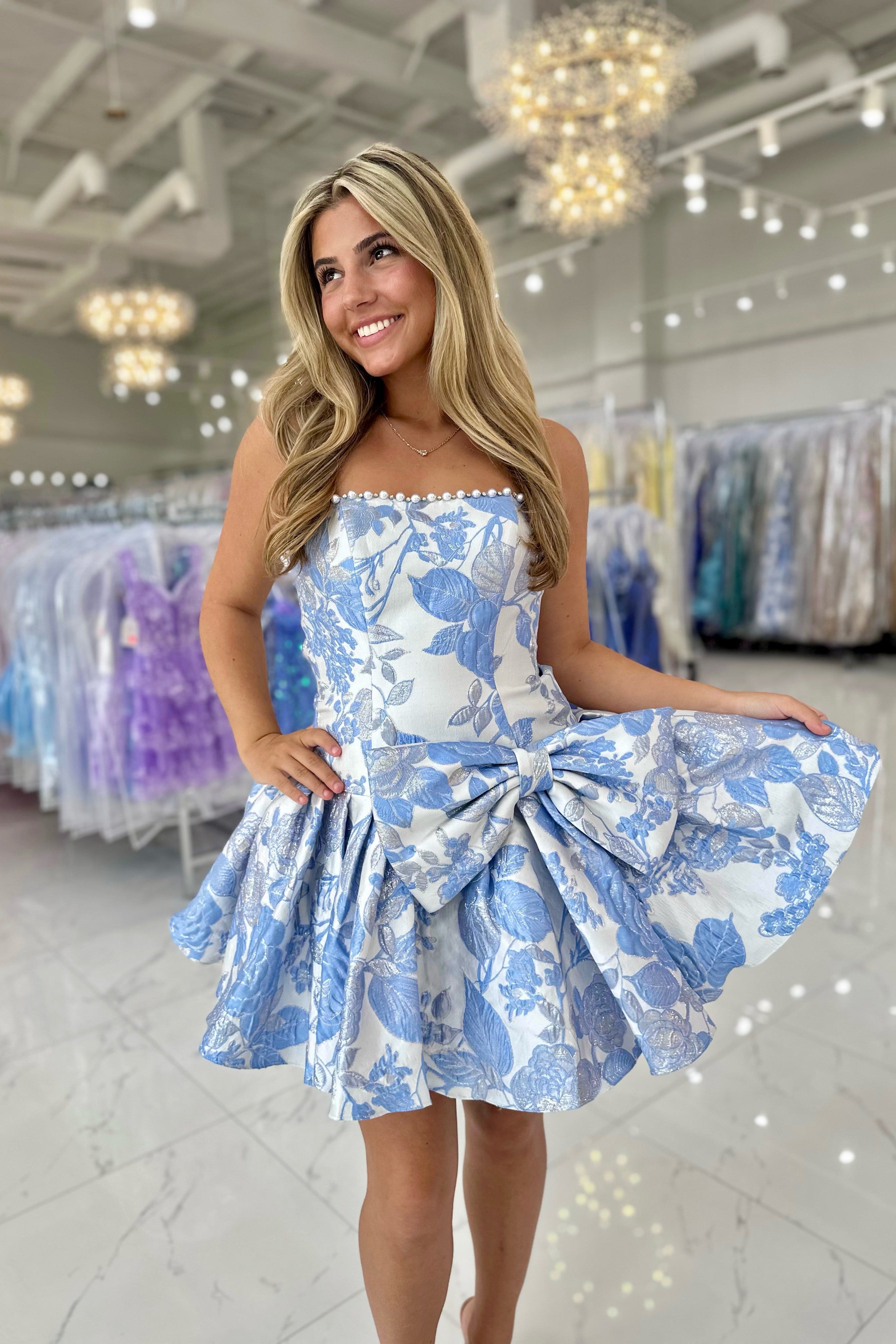 Strapless Pearl Trim Oversized Bow Floral Jacquard Satin A-Line Homecoming Dress Open Back Mini