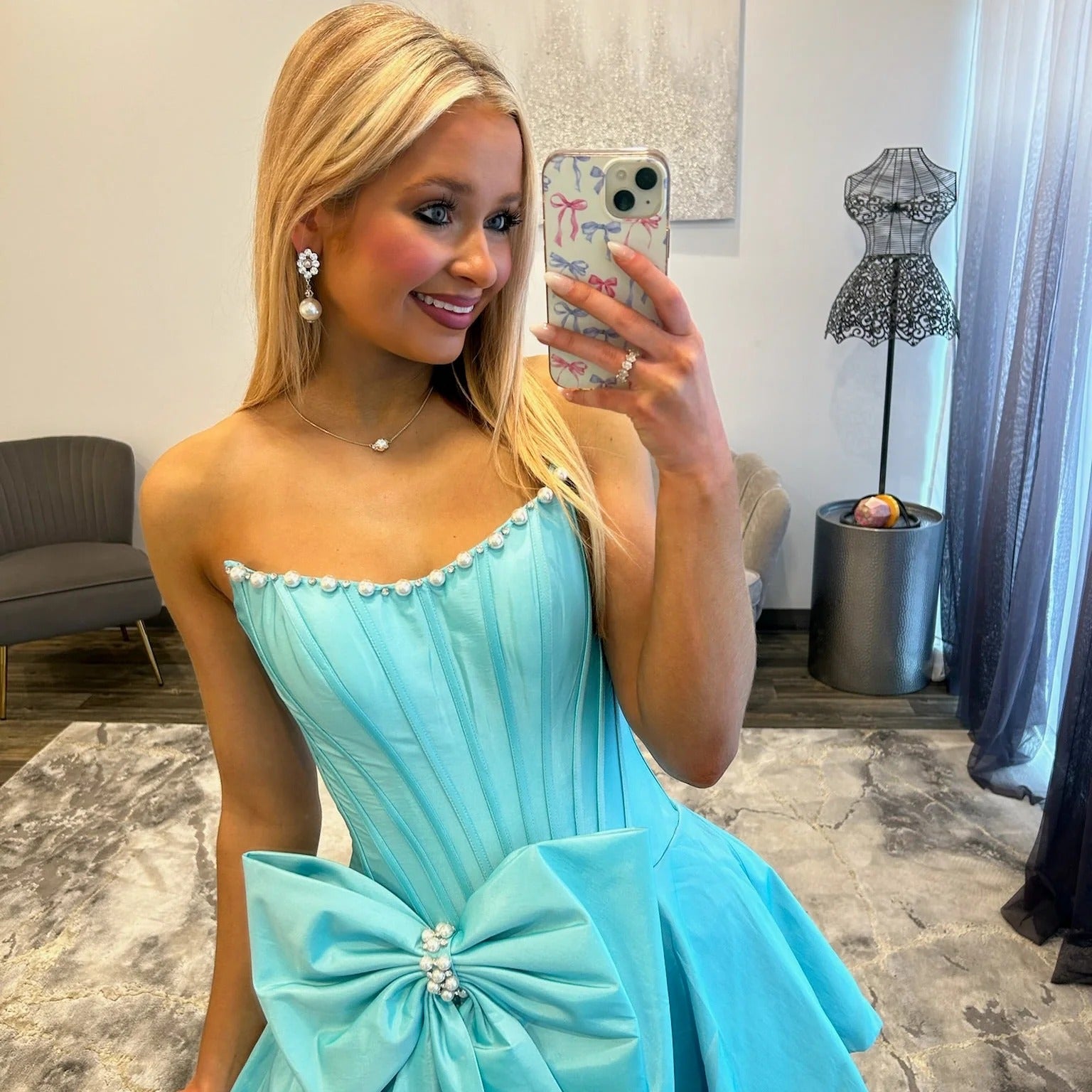 Strapless Pearl Trim Pleated Boned Corset Oversized Satin Bow Open Back A-Line Homecoming Dress Mini