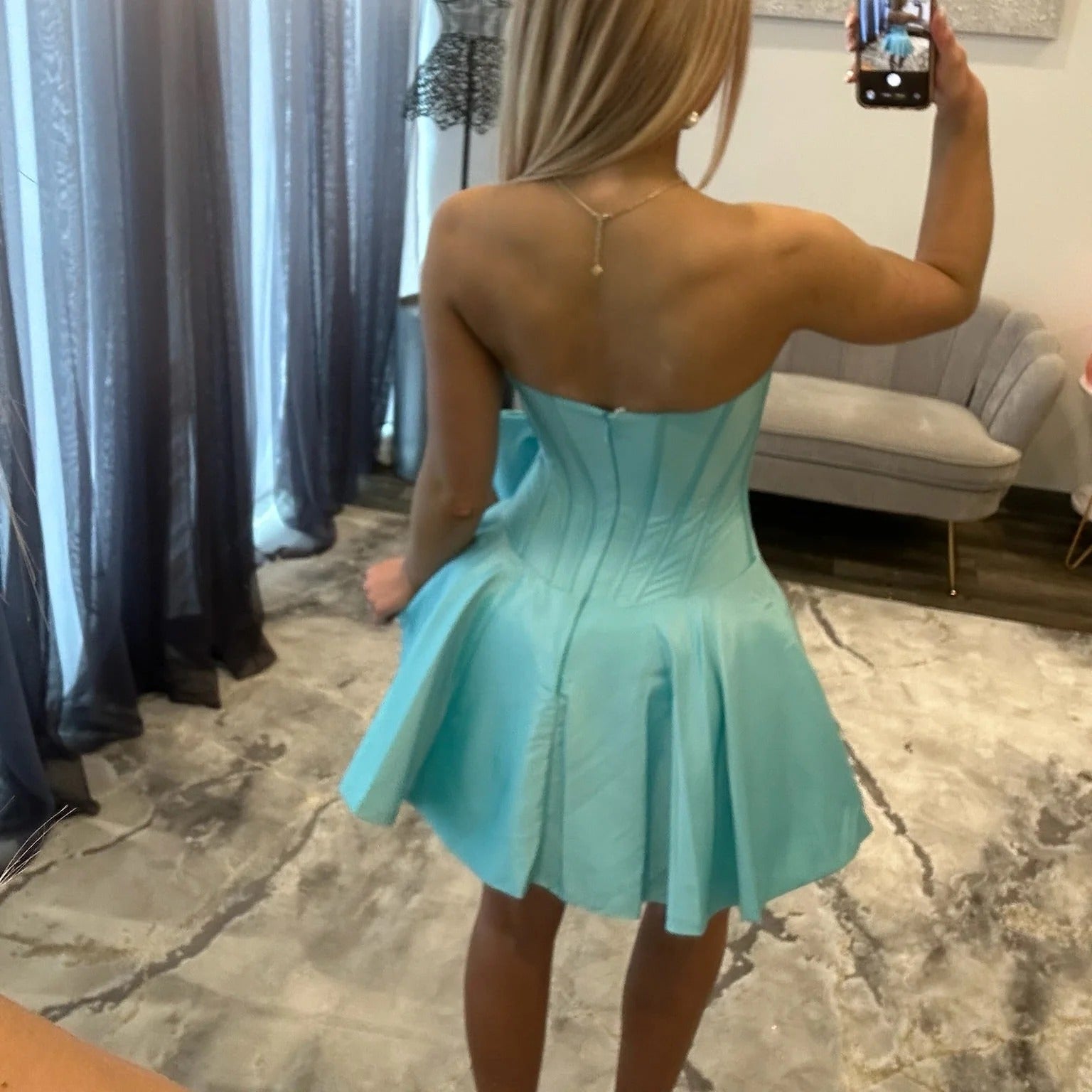Strapless Pearl Trim Pleated Boned Corset Oversized Satin Bow Open Back A-Line Homecoming Dress Mini