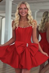 Strapless Pearl Trim Pleated Boned Corset Oversized Satin Bow Open Back A-Line Homecoming Dress Mini