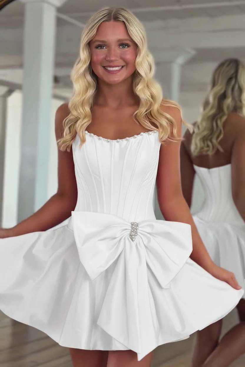 Strapless Pearl Trim Pleated Boned Corset Oversized Satin Bow Open Back A-Line Homecoming Dress Mini