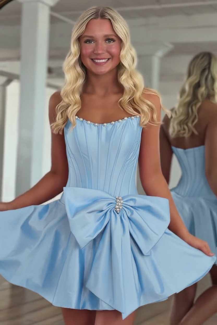 Strapless Pearl Trim Pleated Boned Corset Oversized Satin Bow Open Back A-Line Homecoming Dress Mini