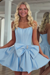 Strapless Pearl Trim Pleated Boned Corset Oversized Satin Bow Open Back A-Line Homecoming Dress Mini