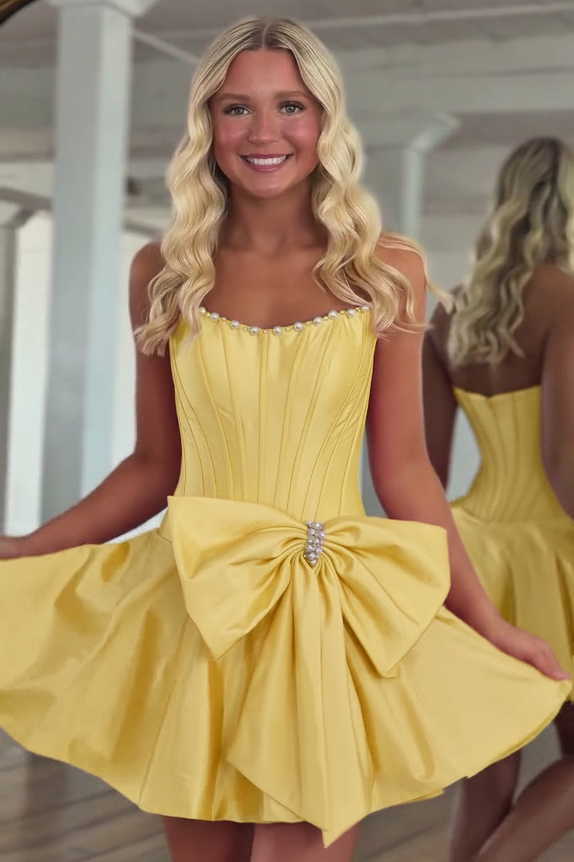 Strapless Pearl Trim Pleated Boned Corset Oversized Satin Bow Open Back A-Line Homecoming Dress Mini