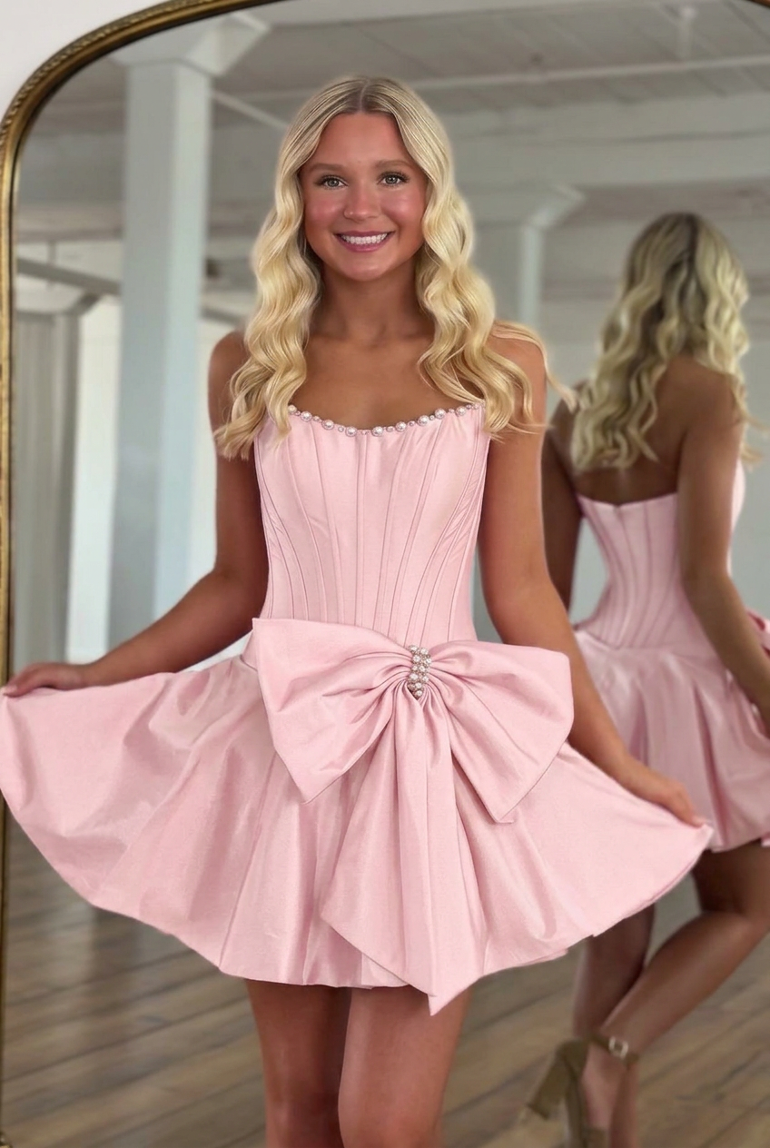 Strapless Pearl Trim Pleated Boned Corset Oversized Satin Bow Open Back A-Line Homecoming Dress Mini