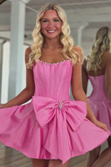 Strapless Pearl Trim Pleated Boned Corset Oversized Satin Bow Open Back A-Line Homecoming Dress Mini