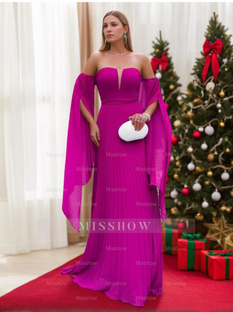 Strapless Pure Color Evening Gown with 1/2 Sleeves in A-Line/Princess Style