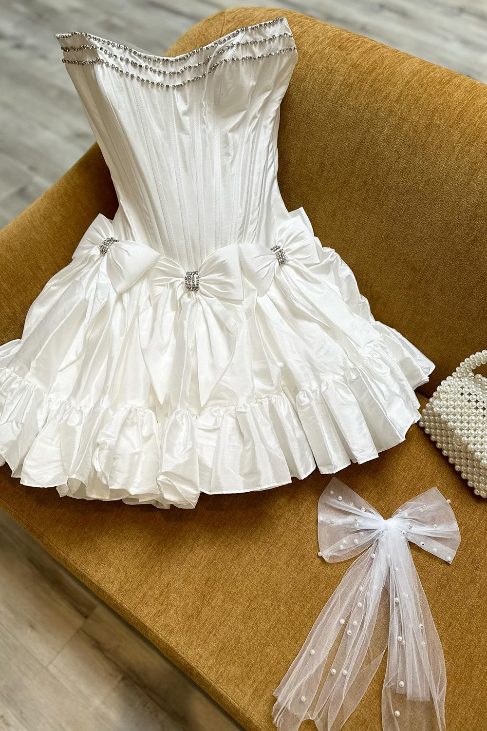 Strapless Rhinestone Beaded Corset Bodice Double Bow Bubble Ruffle Skirt Lace-Up A-Line Homecoming Dress Mini