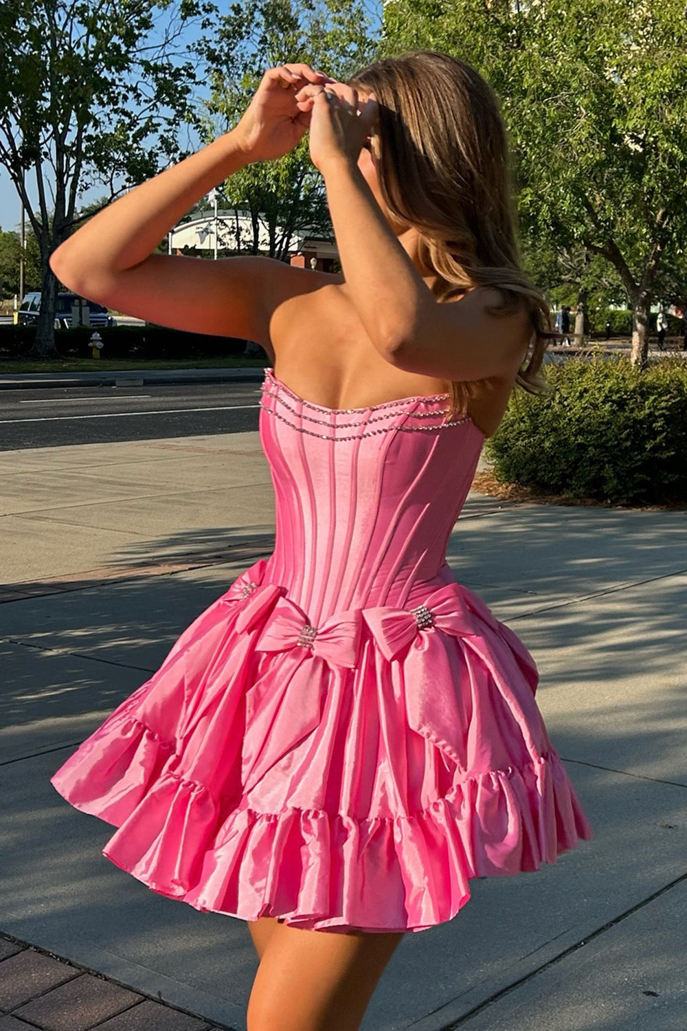 Strapless Rhinestone Beaded Corset Bodice Double Bow Bubble Ruffle Skirt Lace-Up A-Line Homecoming Dress Mini