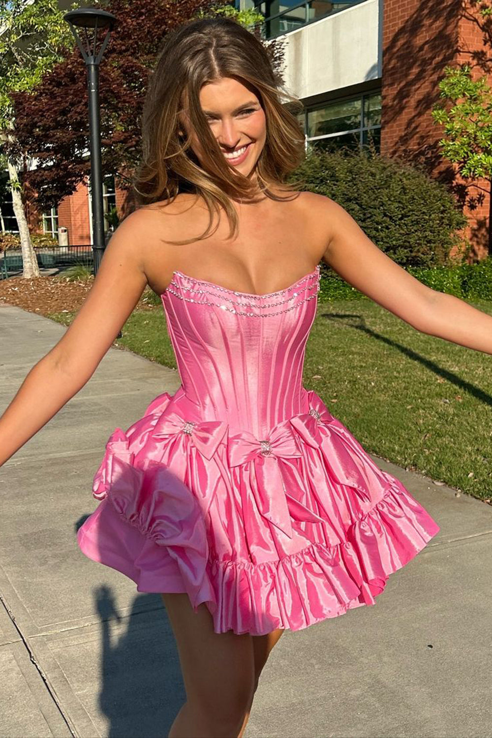 Strapless Rhinestone Beaded Corset Bodice Double Bow Bubble Ruffle Skirt Lace-Up A-Line Homecoming Dress Mini