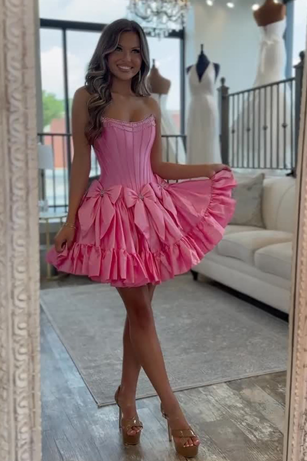 Strapless Rhinestone Beaded Corset Bodice Double Bow Bubble Ruffle Skirt Lace-Up A-Line Homecoming Dress Mini