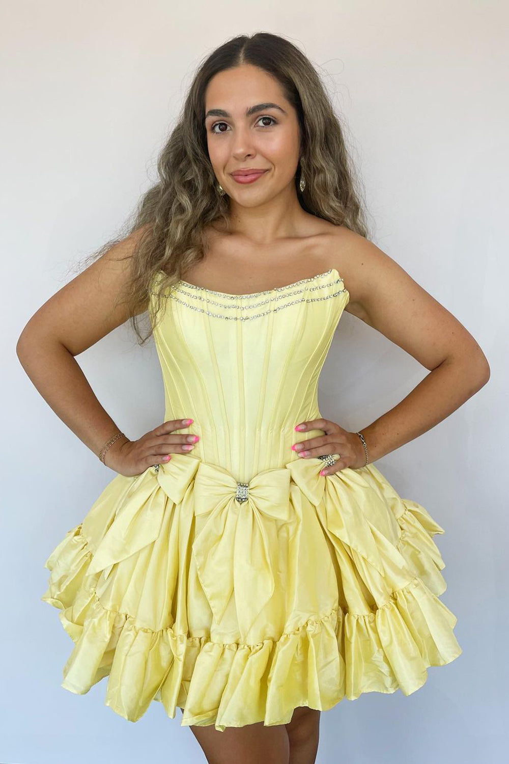 Strapless Rhinestone Beaded Corset Bodice Double Bow Bubble Ruffle Skirt Lace-Up A-Line Homecoming Dress Mini