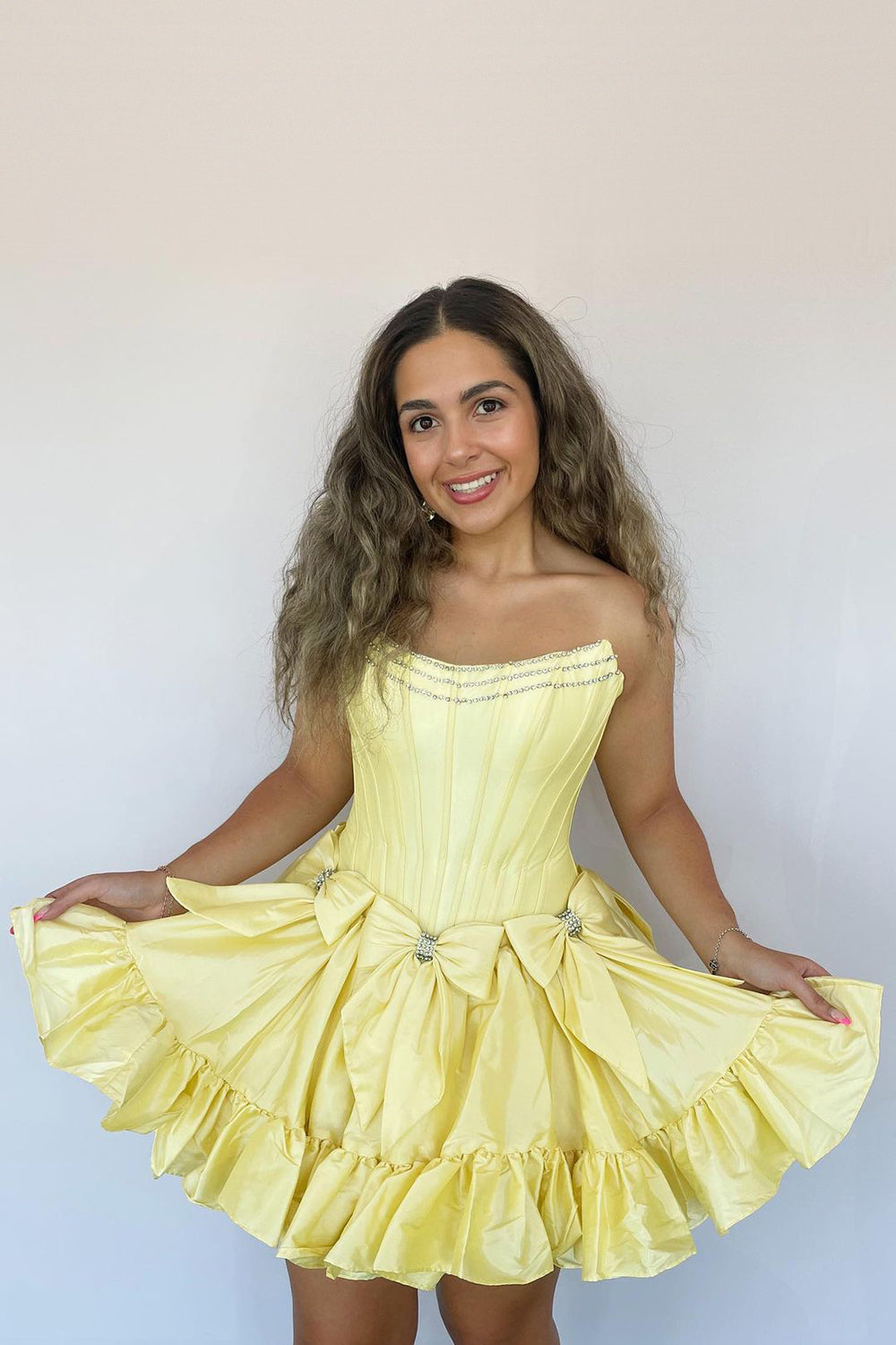 Strapless Rhinestone Beaded Corset Bodice Double Bow Bubble Ruffle Skirt Lace-Up A-Line Homecoming Dress Mini