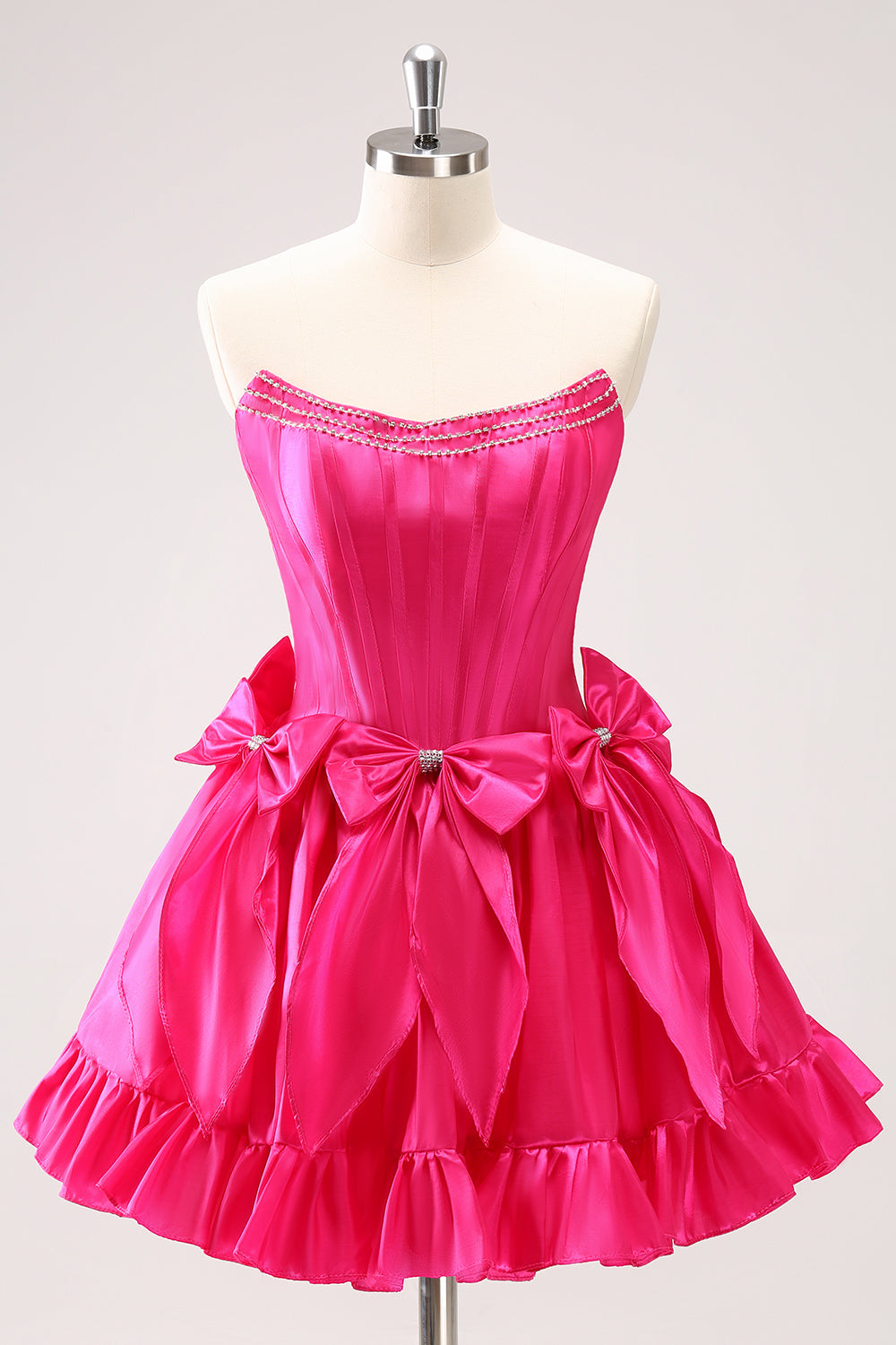 Strapless Rhinestone Beaded Corset Bodice Double Bow Bubble Ruffle Skirt Lace-Up A-Line Homecoming Dress Mini