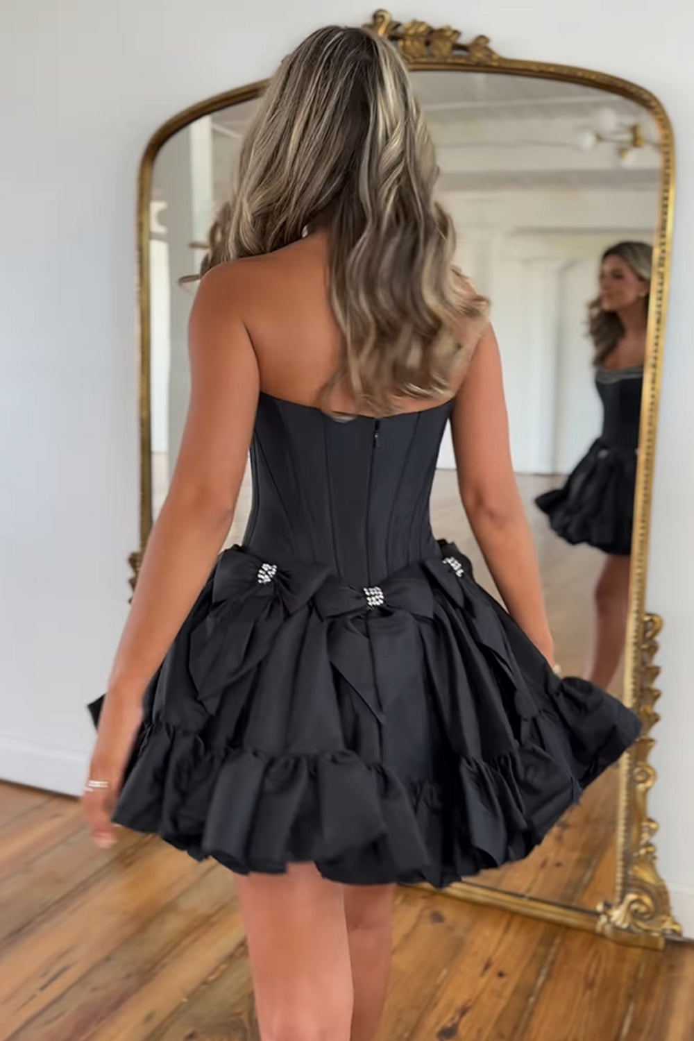 Strapless Rhinestone Beaded Corset Bodice Double Bow Bubble Ruffle Skirt Lace-Up A-Line Homecoming Dress Mini