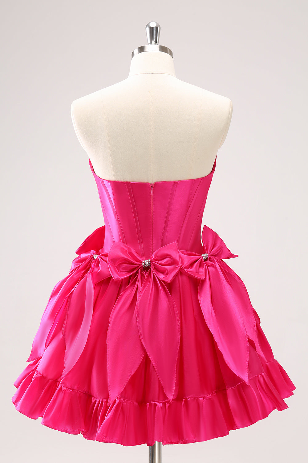 Strapless Rhinestone Beaded Corset Bodice Double Bow Bubble Ruffle Skirt Lace-Up A-Line Homecoming Dress Mini