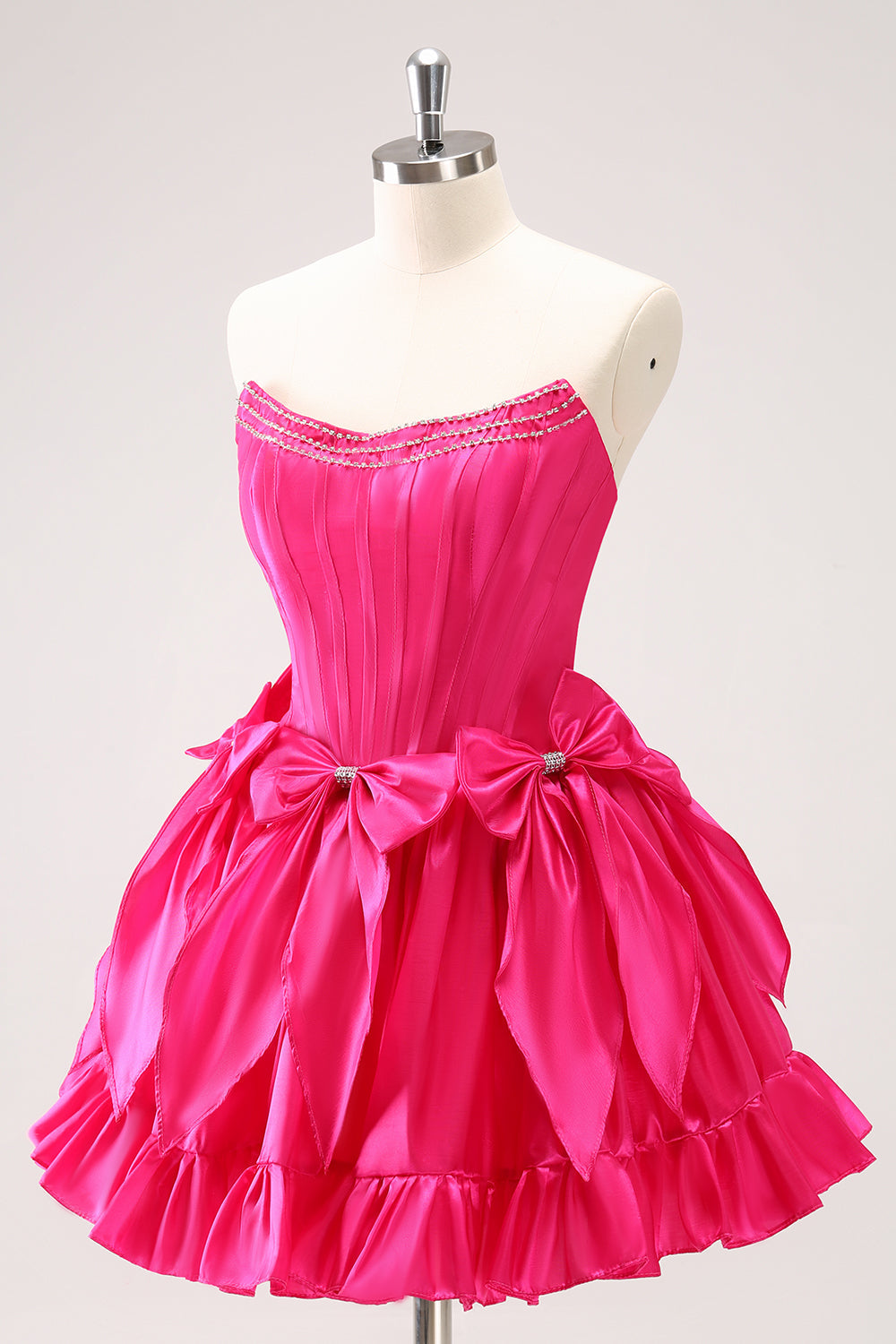 Strapless Rhinestone Beaded Corset Bodice Double Bow Bubble Ruffle Skirt Lace-Up A-Line Homecoming Dress Mini