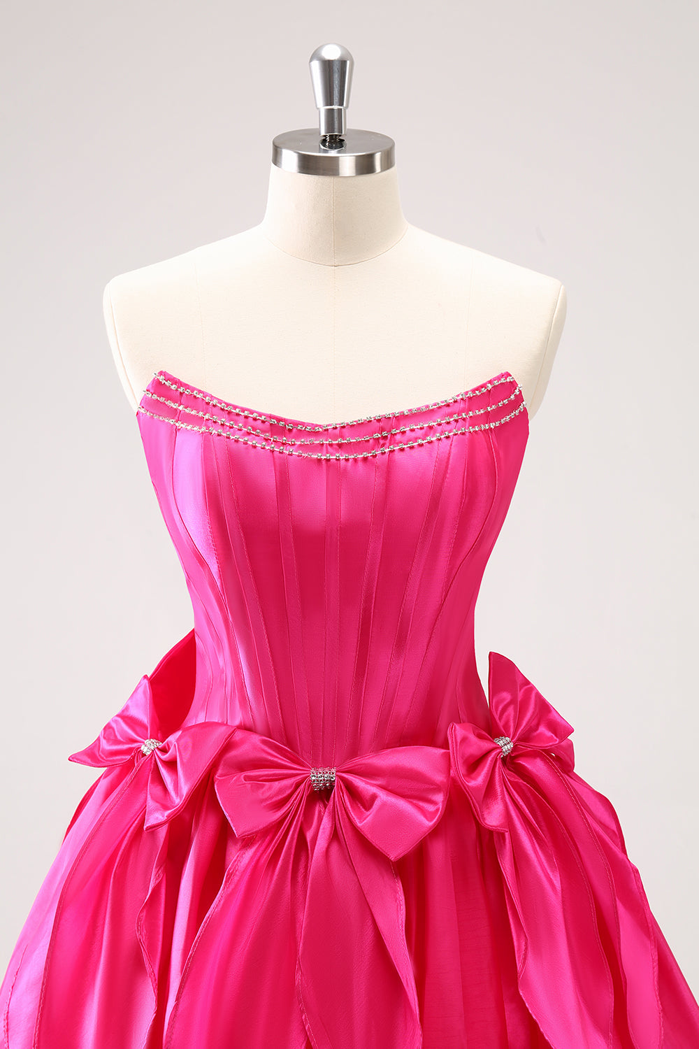 Strapless Rhinestone Beaded Corset Bodice Double Bow Bubble Ruffle Skirt Lace-Up A-Line Homecoming Dress Mini