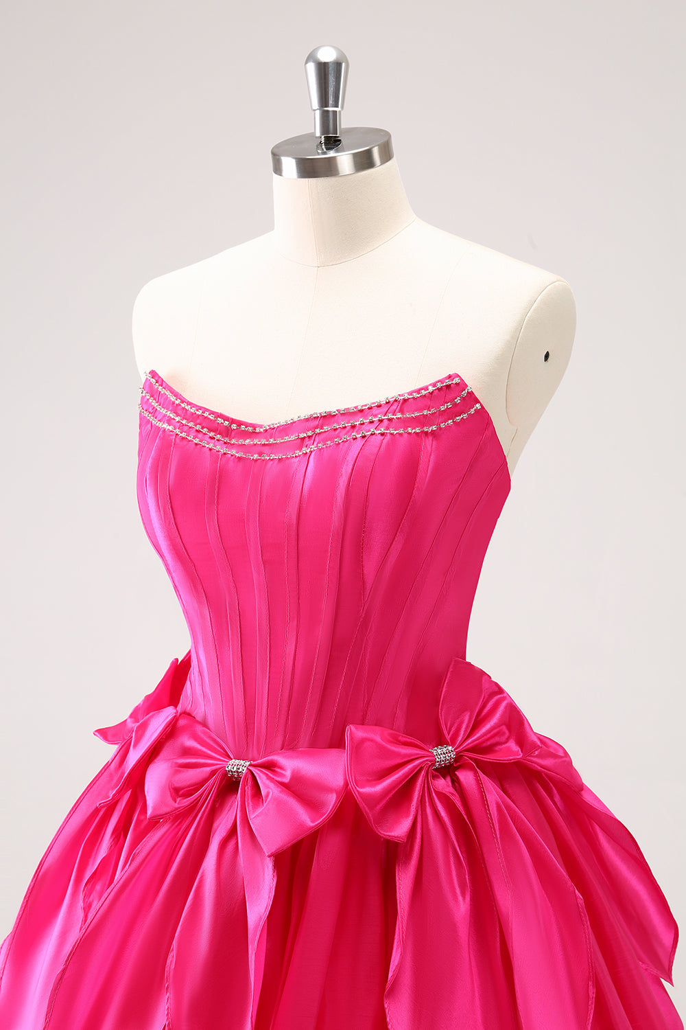 Strapless Rhinestone Beaded Corset Bodice Double Bow Bubble Ruffle Skirt Lace-Up A-Line Homecoming Dress Mini