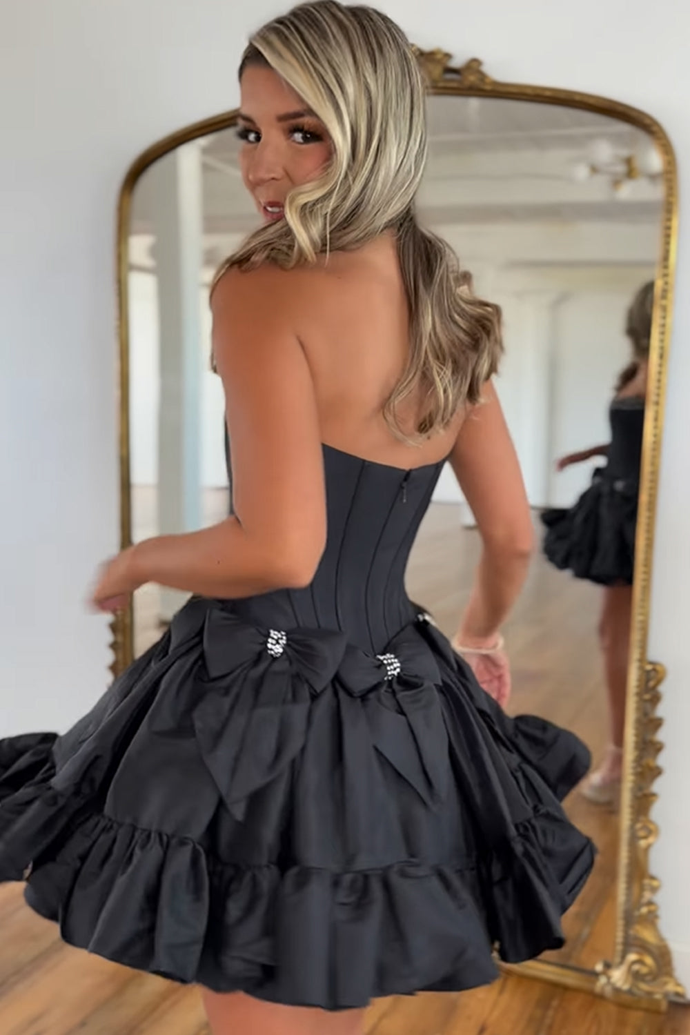 Strapless Rhinestone Beaded Corset Bodice Double Bow Bubble Ruffle Skirt Lace-Up A-Line Homecoming Dress Mini
