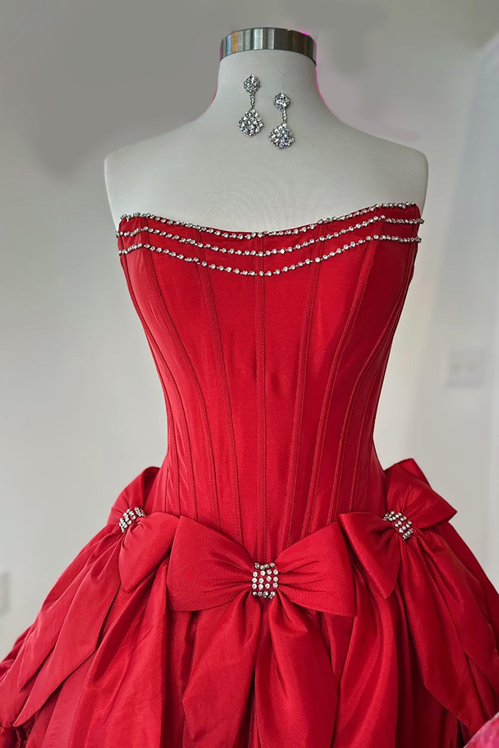 Strapless Rhinestone Beaded Corset Bodice Double Bow Bubble Ruffle Skirt Lace-Up A-Line Homecoming Dress Mini