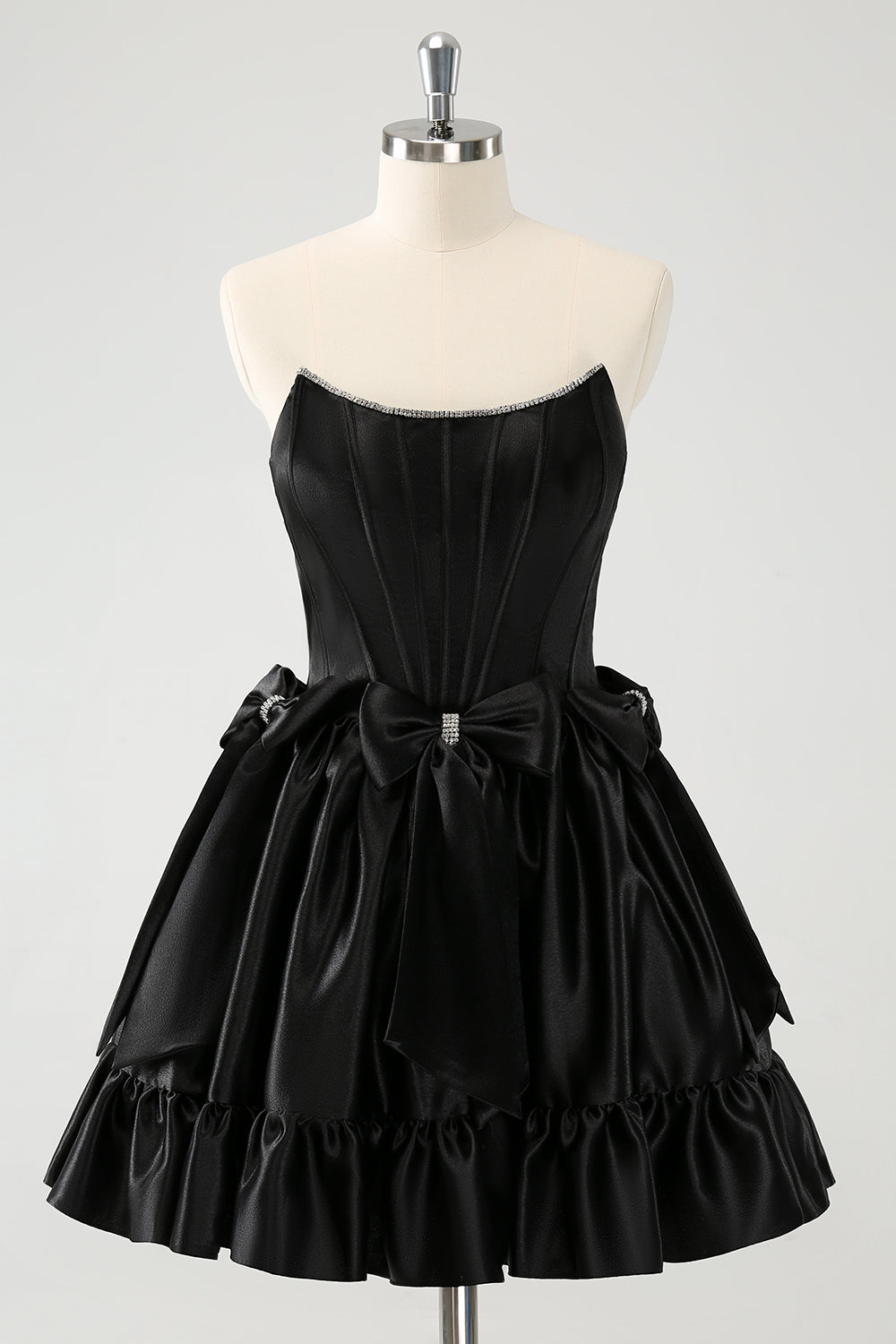 Strapless Rhinestone Beaded Corset Bodice Double Bow Bubble Ruffle Skirt Lace-Up A-Line Homecoming Dress Mini