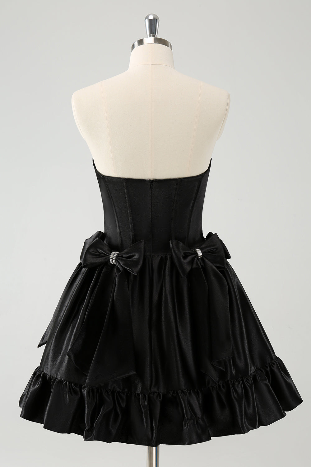 Strapless Rhinestone Beaded Corset Bodice Double Bow Bubble Ruffle Skirt Lace-Up A-Line Homecoming Dress Mini