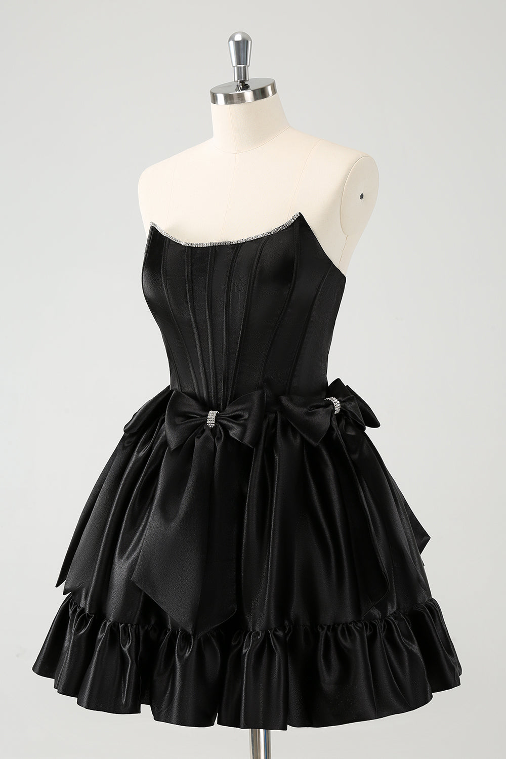 Strapless Rhinestone Beaded Corset Bodice Double Bow Bubble Ruffle Skirt Lace-Up A-Line Homecoming Dress Mini