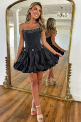 Strapless Rhinestone Beaded Corset Bodice Double Bow Bubble Ruffle Skirt Lace-Up A-Line Homecoming Dress Mini