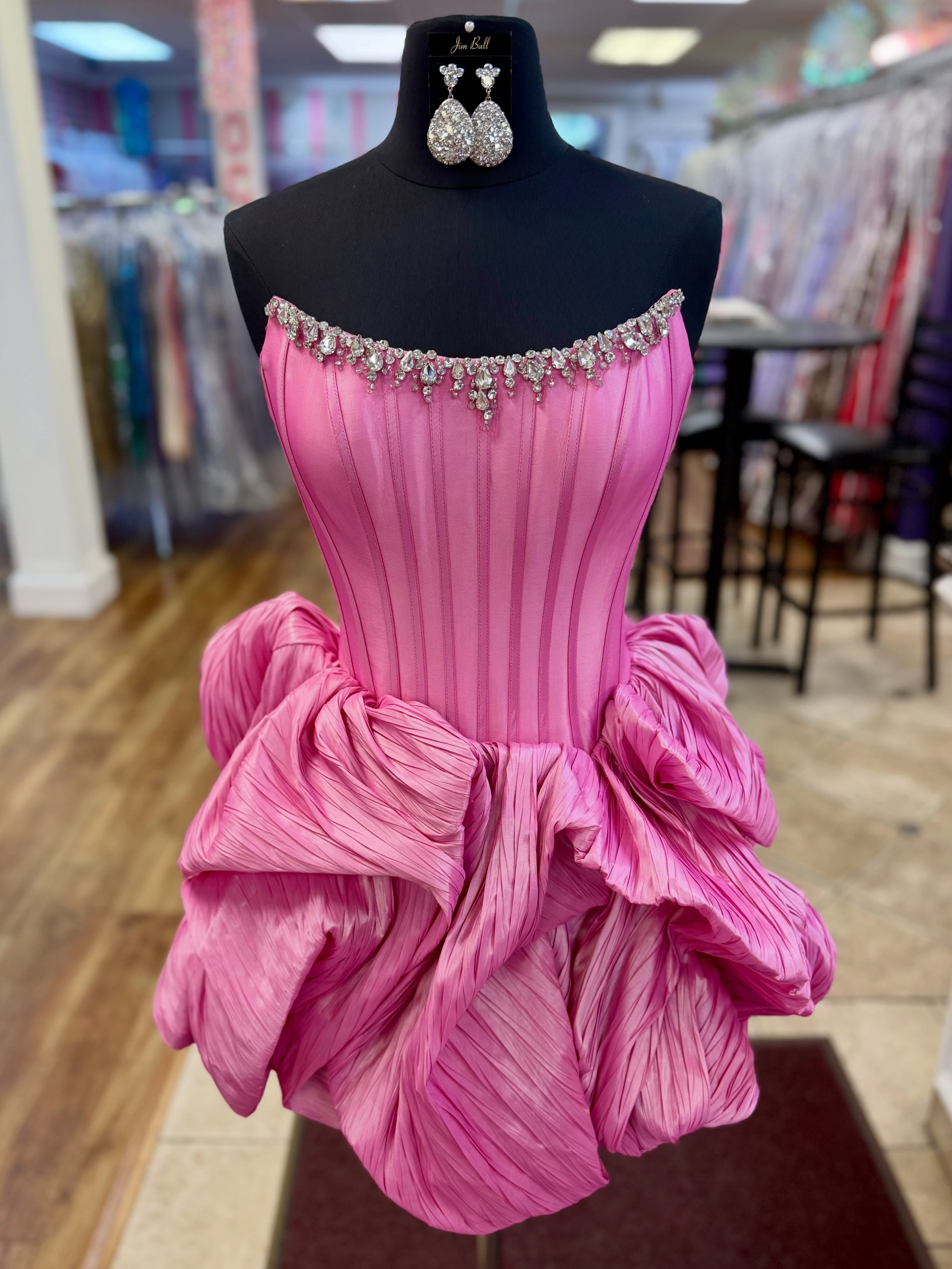 Strapless Rhinestone Chain Trim Pleated Boned Corset Lace-Up Bubble A-Line Homecoming Dress Mini