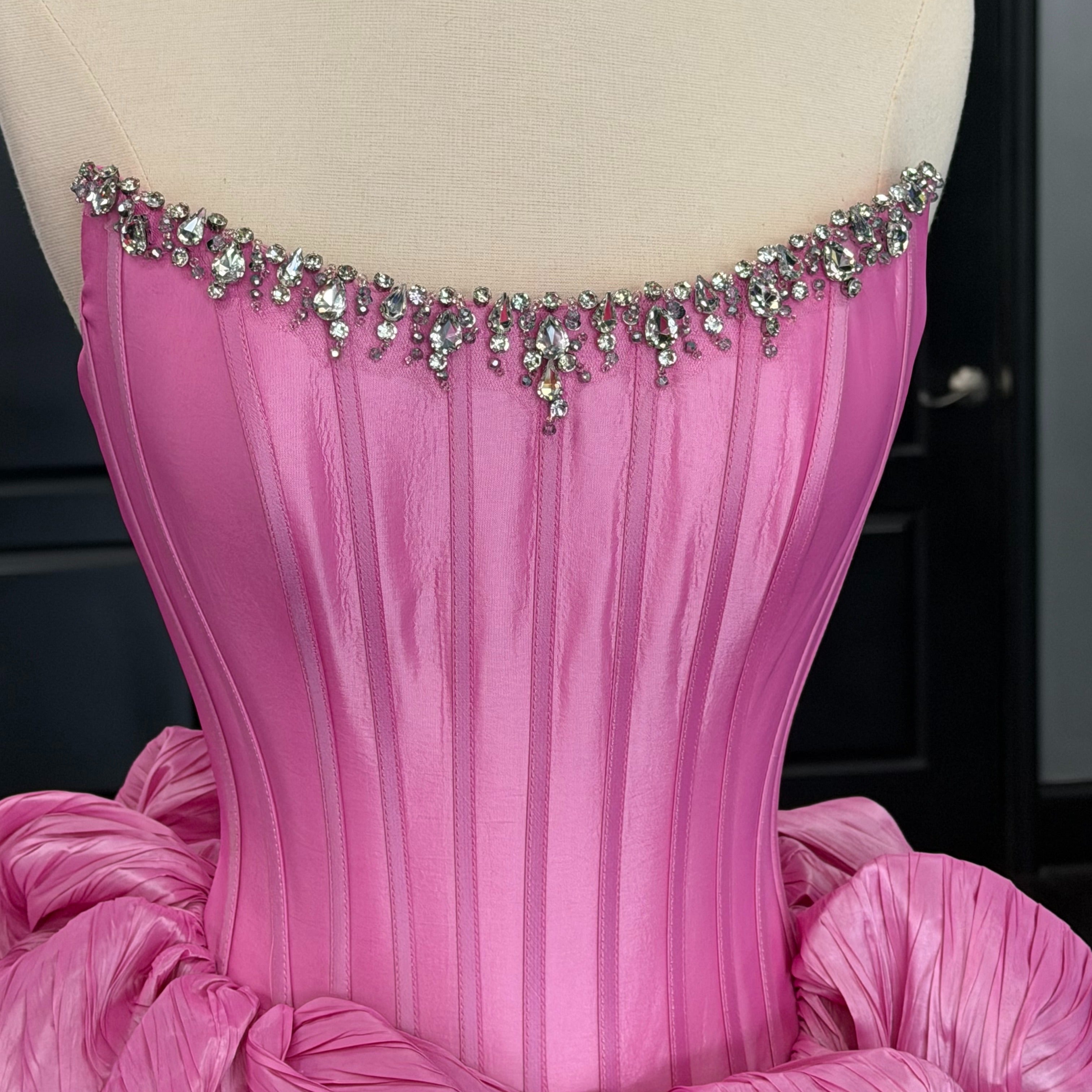 Strapless Rhinestone Chain Trim Pleated Boned Corset Lace-Up Bubble A-Line Homecoming Dress Mini