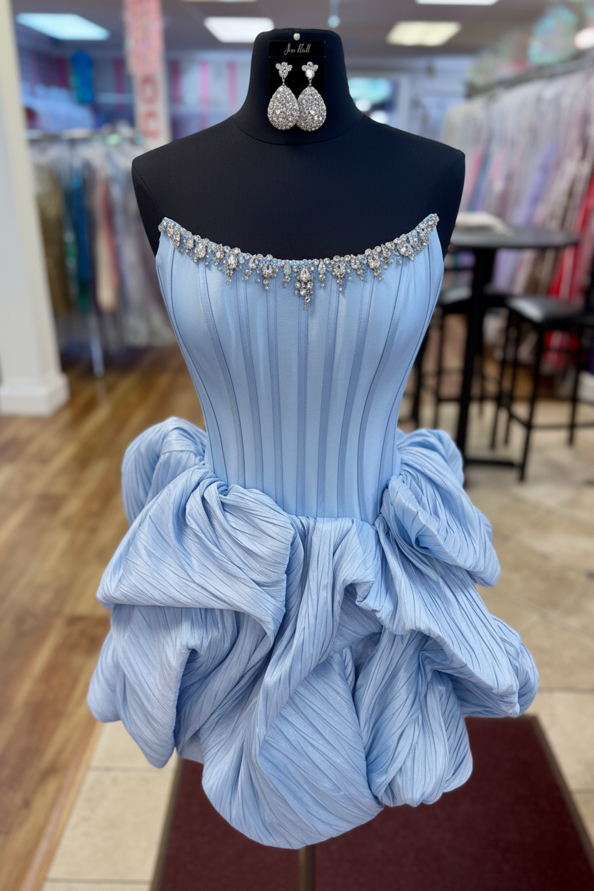 Strapless Rhinestone Chain Trim Pleated Boned Corset Lace-Up Bubble A-Line Homecoming Dress Mini