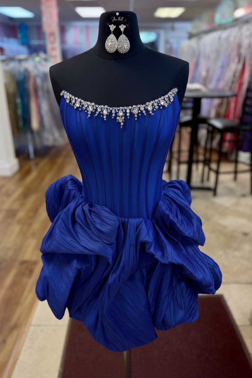 Strapless Rhinestone Chain Trim Pleated Boned Corset Lace-Up Bubble A-Line Homecoming Dress Mini