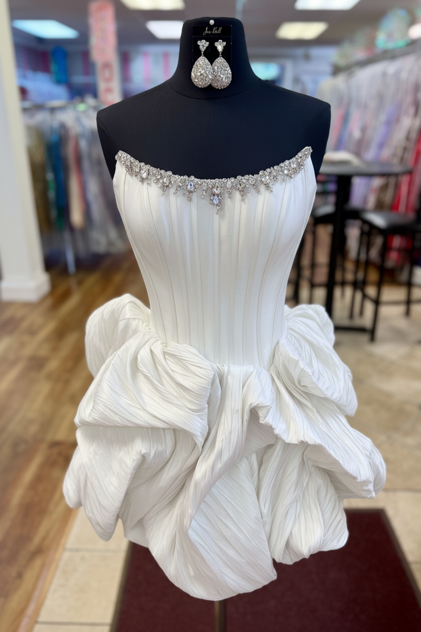 Strapless Rhinestone Chain Trim Pleated Boned Corset Lace-Up Bubble A-Line Homecoming Dress Mini
