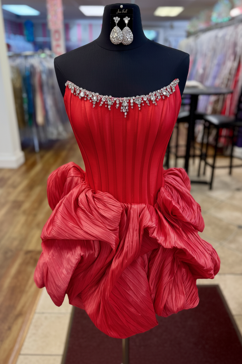 Strapless Rhinestone Chain Trim Pleated Boned Corset Lace-Up Bubble A-Line Homecoming Dress Mini