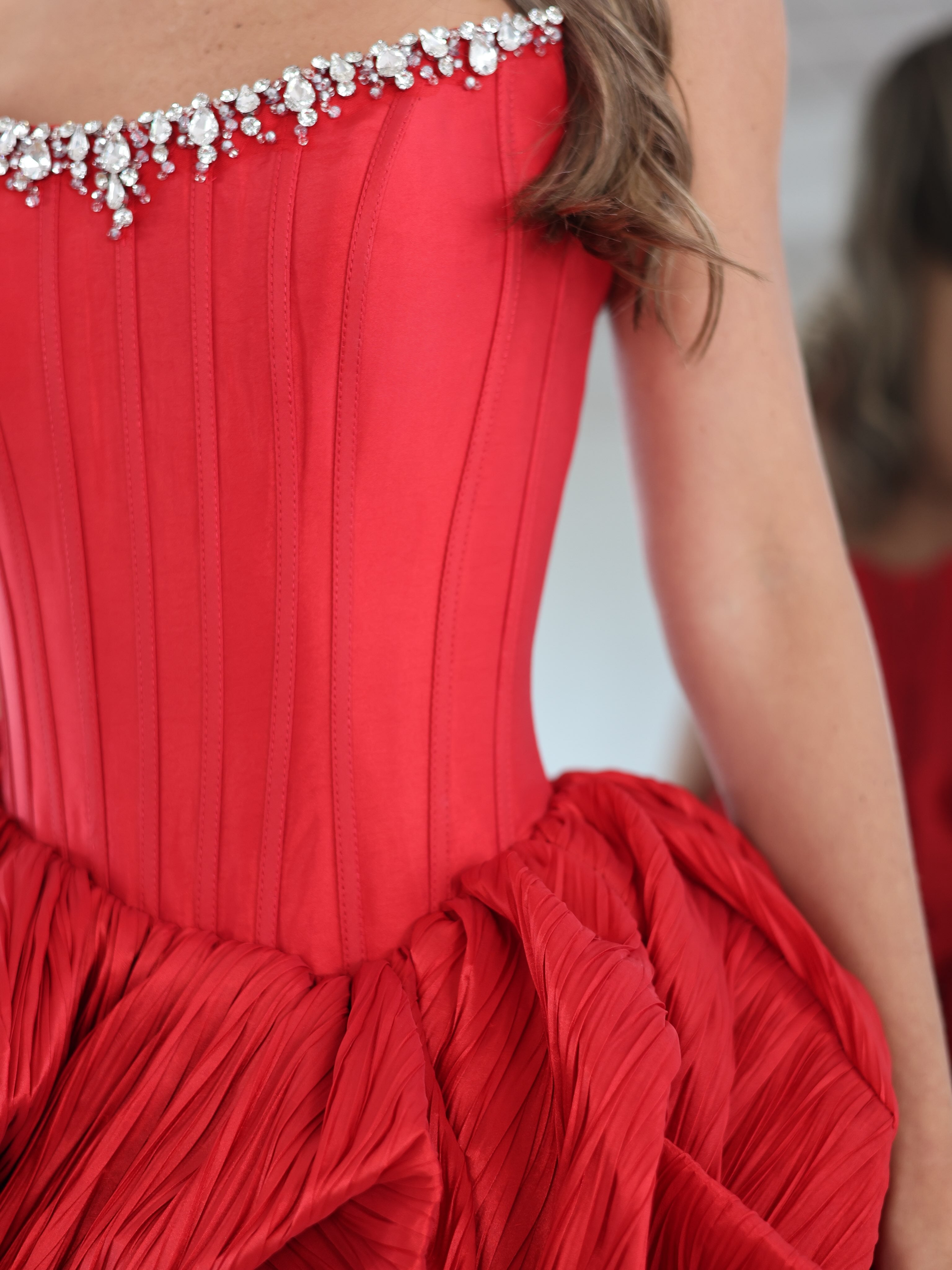 Strapless Rhinestone Chain Trim Pleated Boned Corset Lace-Up Bubble A-Line Homecoming Dress Mini