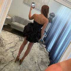Strapless Rhinestone Chain Trim Pleated Boned Corset Lace-Up Bubble A-Line Homecoming Dress Mini