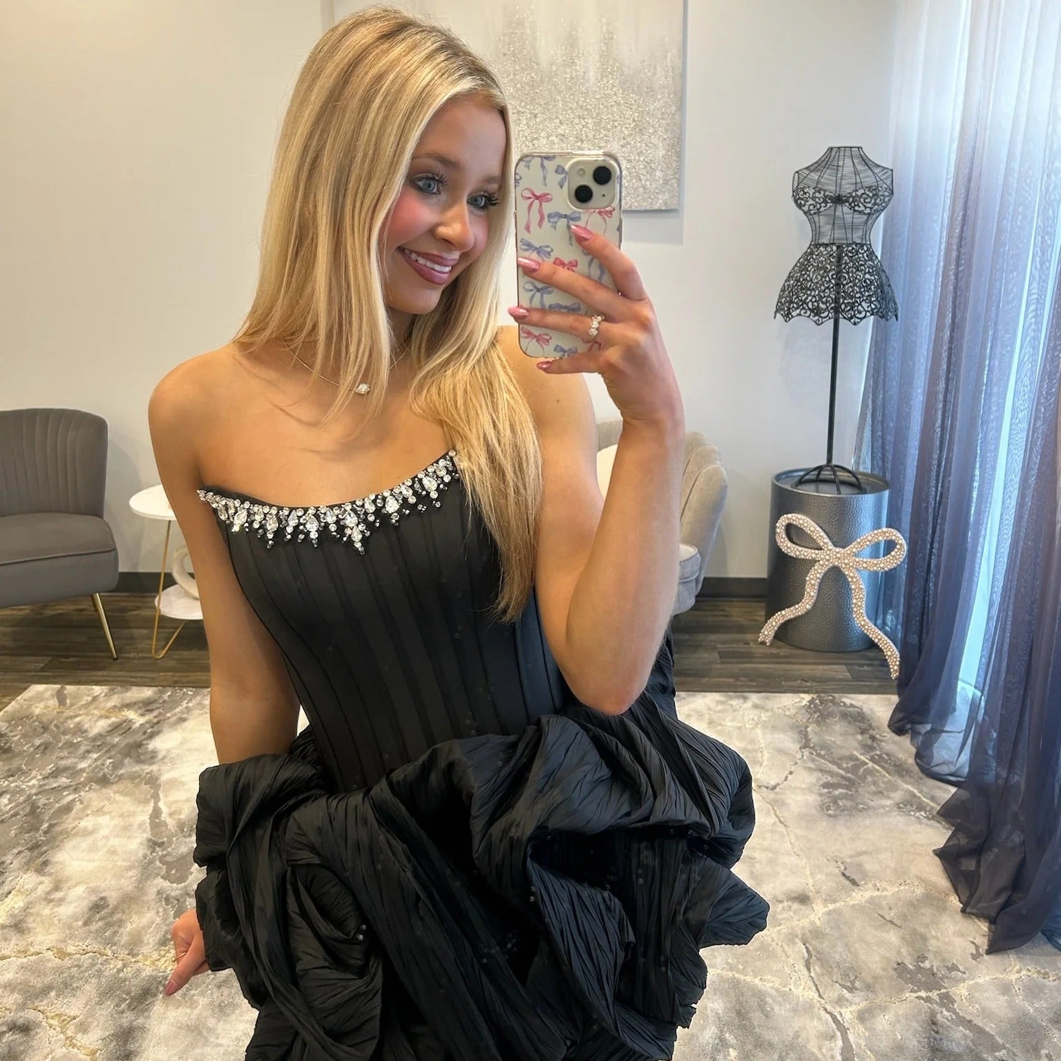 Strapless Rhinestone Chain Trim Pleated Boned Corset Lace-Up Bubble A-Line Homecoming Dress Mini