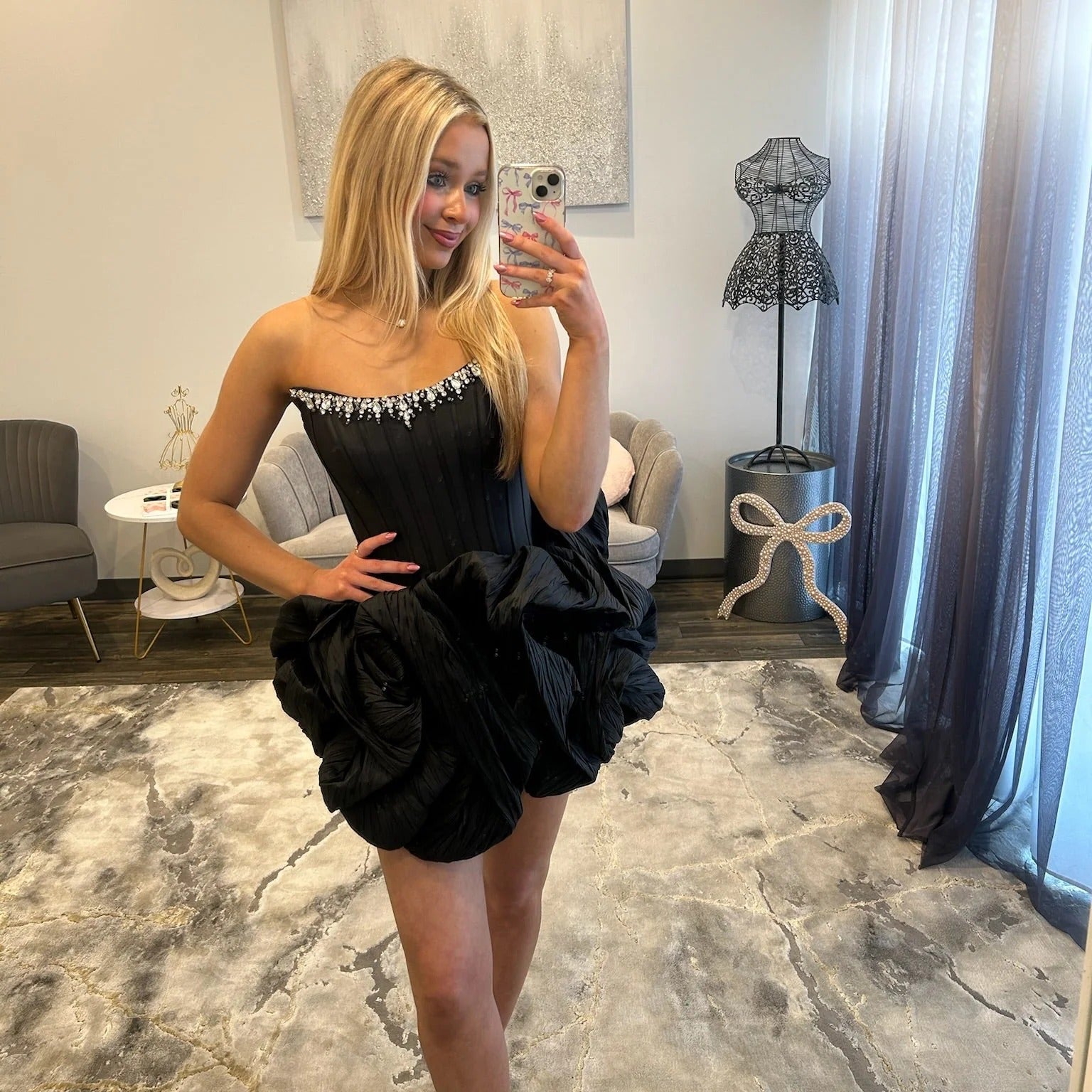 Strapless Rhinestone Chain Trim Pleated Boned Corset Lace-Up Bubble A-Line Homecoming Dress Mini