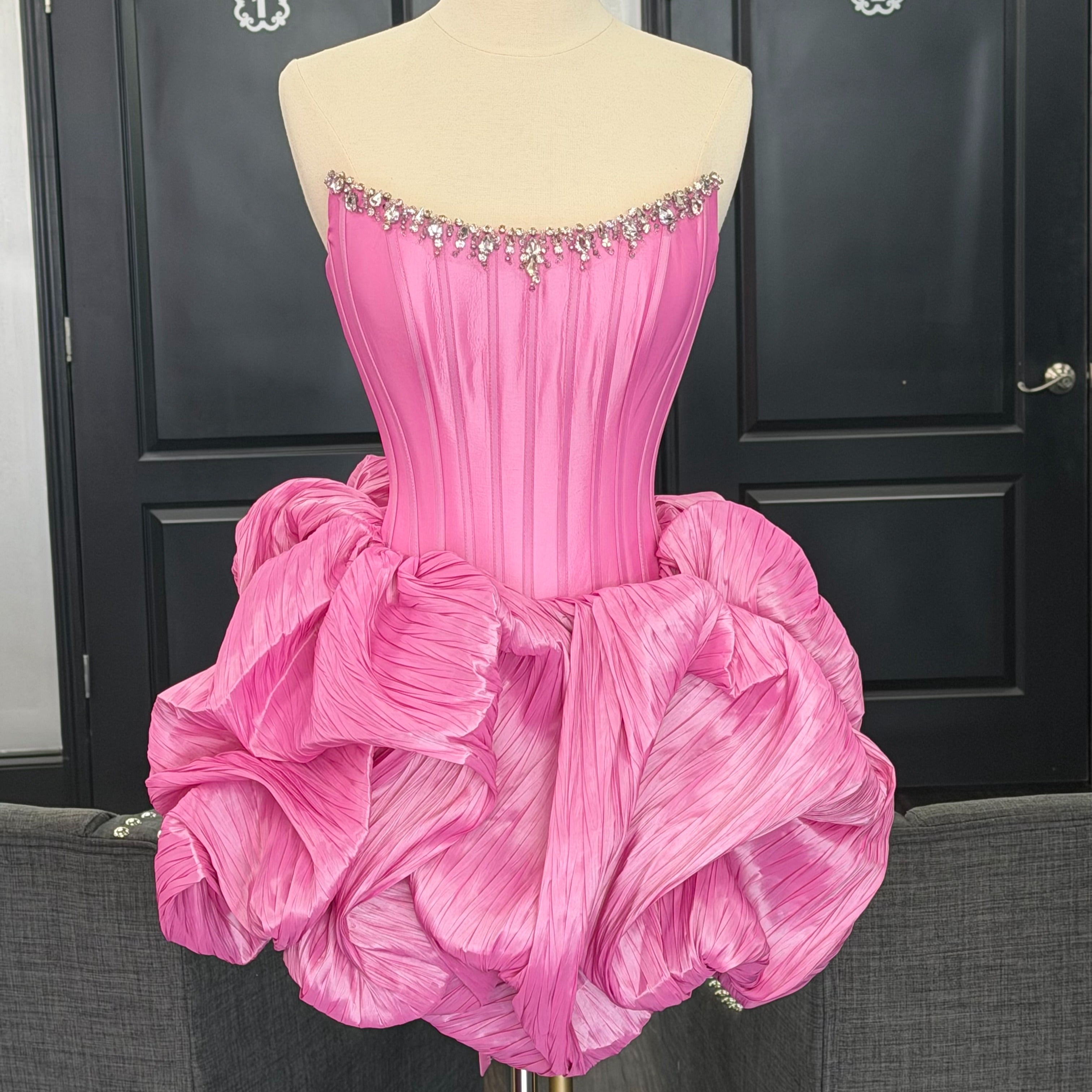 Strapless Rhinestone Chain Trim Pleated Boned Corset Lace-Up Bubble A-Line Homecoming Dress Mini