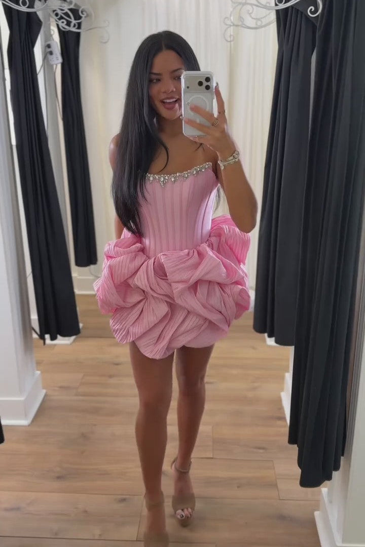 Strapless Rhinestone Chain Trim Pleated Boned Corset Lace-Up Bubble A-Line Homecoming Dress Mini