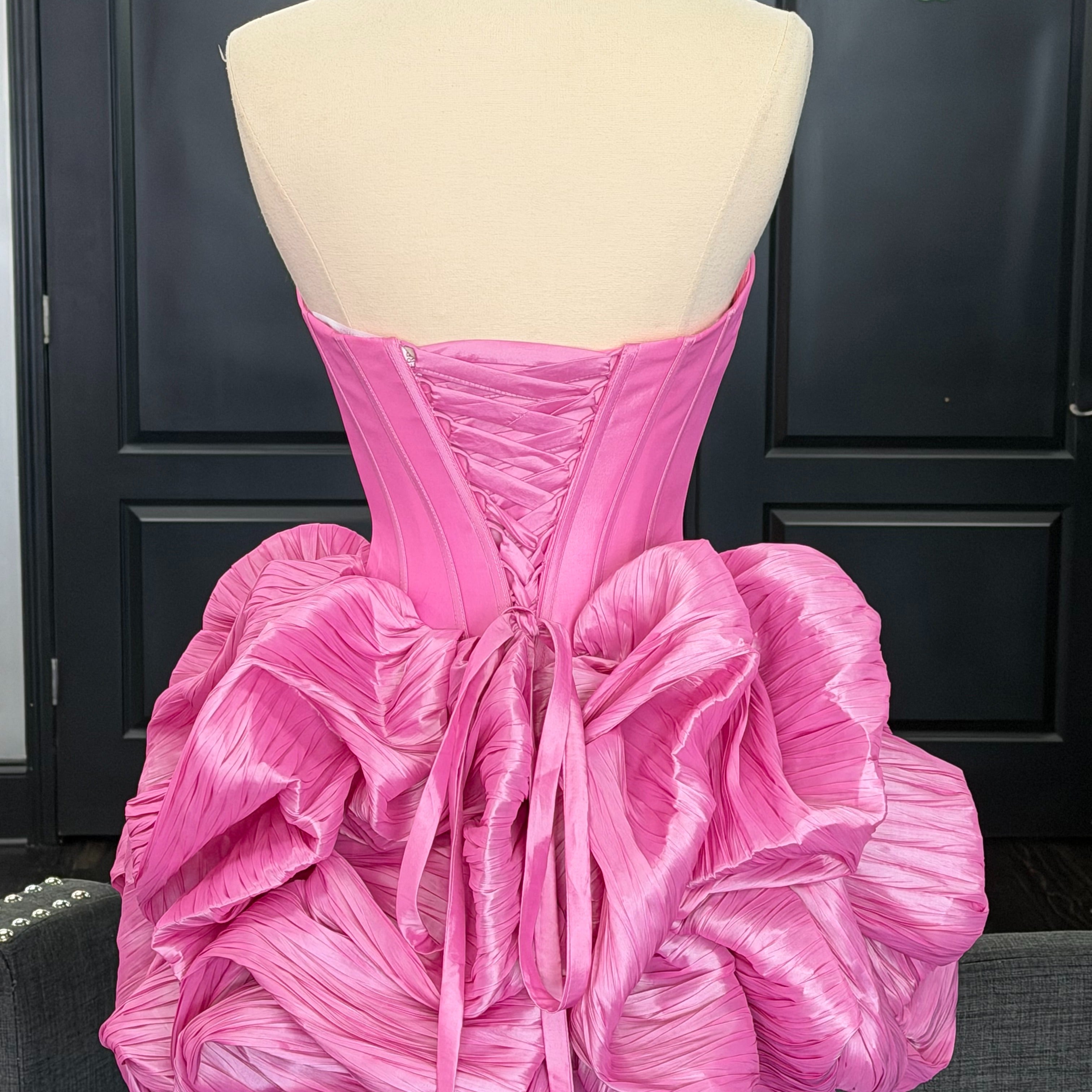 Strapless Rhinestone Chain Trim Pleated Boned Corset Lace-Up Bubble A-Line Homecoming Dress Mini