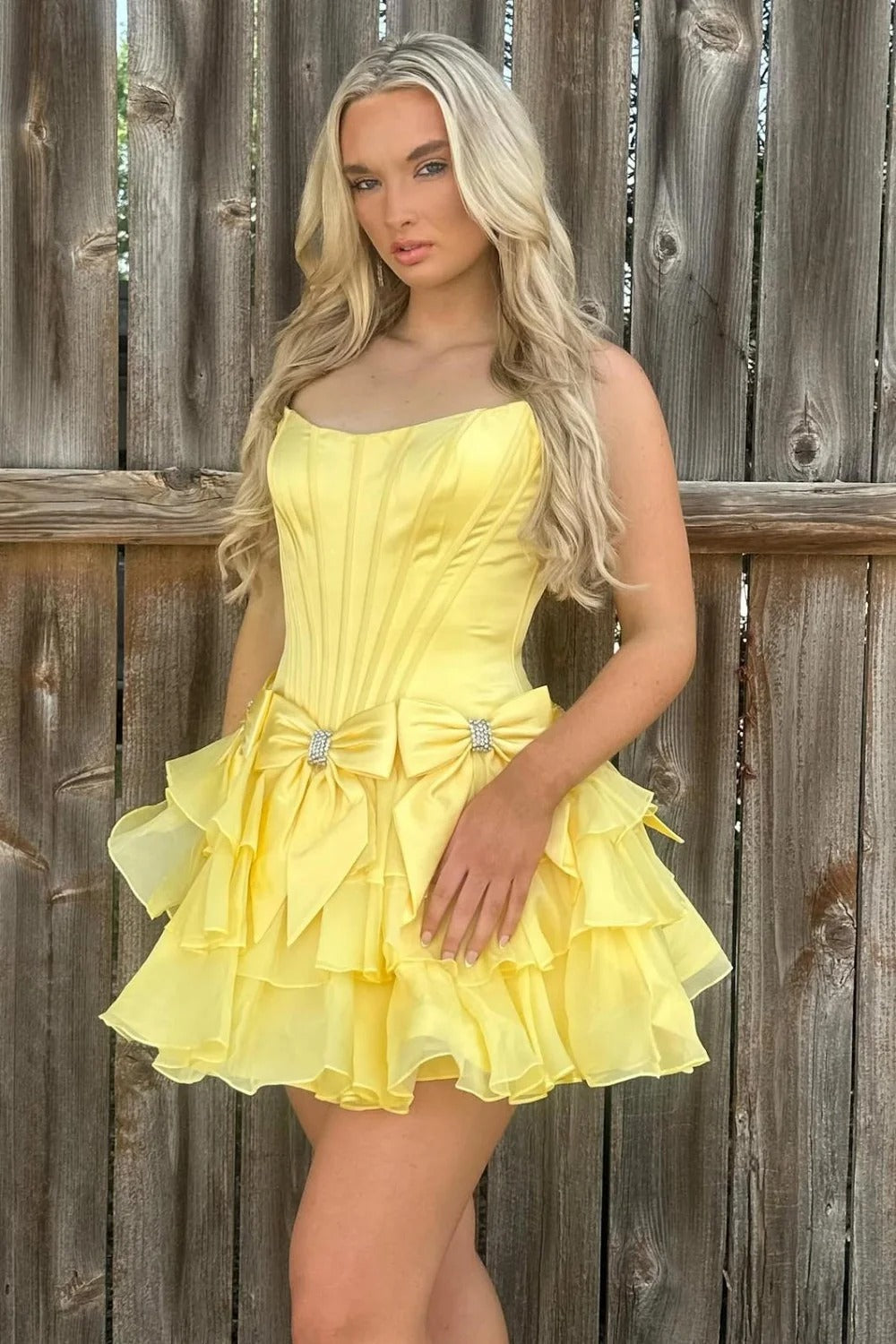 Strapless Rhinestone Satin Bows Boned Corset Tiered Ruffle A-Line Homecoming Dress Mini